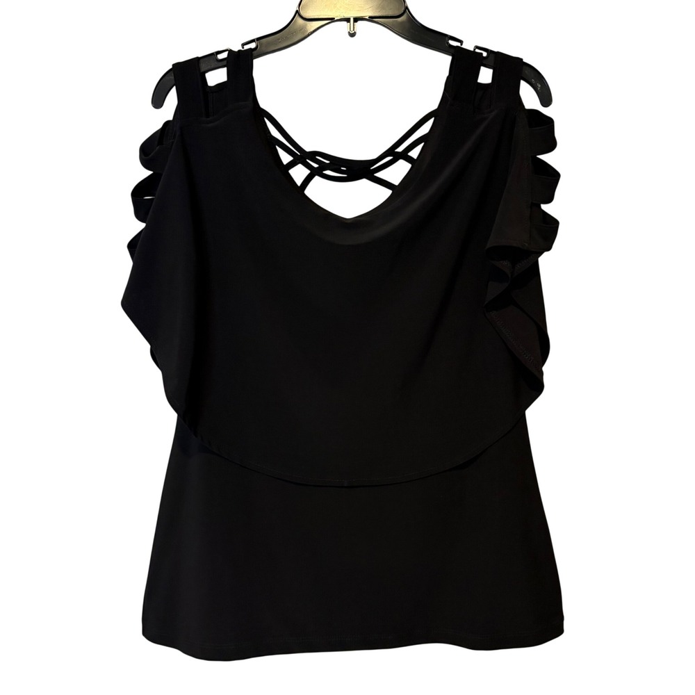 Michael Tyler Black Cold Shoulder Crisscross Back V Neck Tunic Top M/M